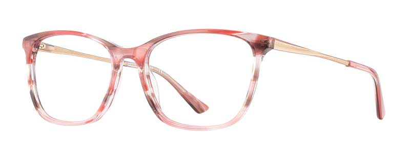 Pink and gold eyeglasses on a white background
