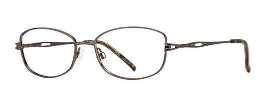 Pair of eyeglasses with a brown frame on a white background