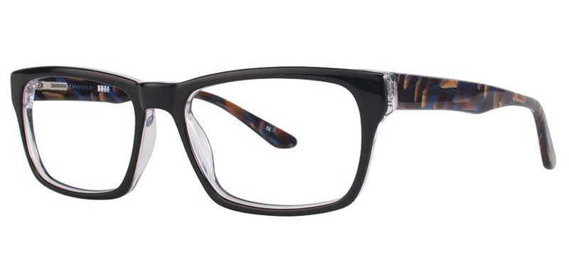 Black eyeglasses with tortoiseshell accents on a white background