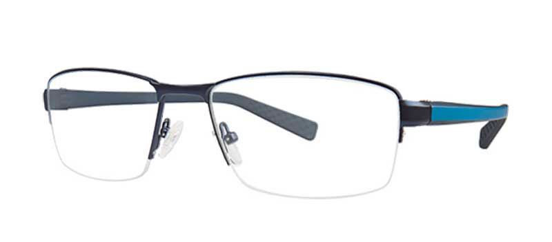 Eyeglasses with a black and blue frame on a white background