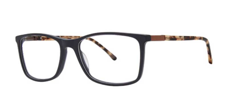 Black eyeglasses with tortoiseshell accents on a white background