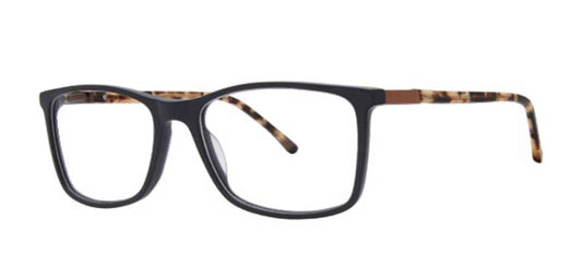 Black eyeglasses with tortoiseshell accents on a white background