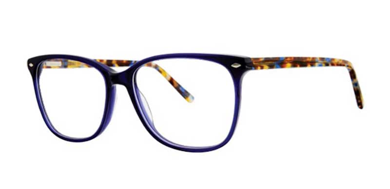 Blue eyeglasses with tortoiseshell accents on a white background
