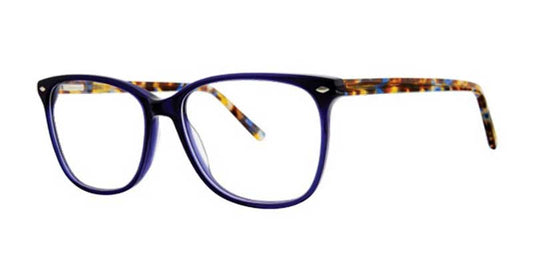 Blue eyeglasses with tortoiseshell accents on a white background