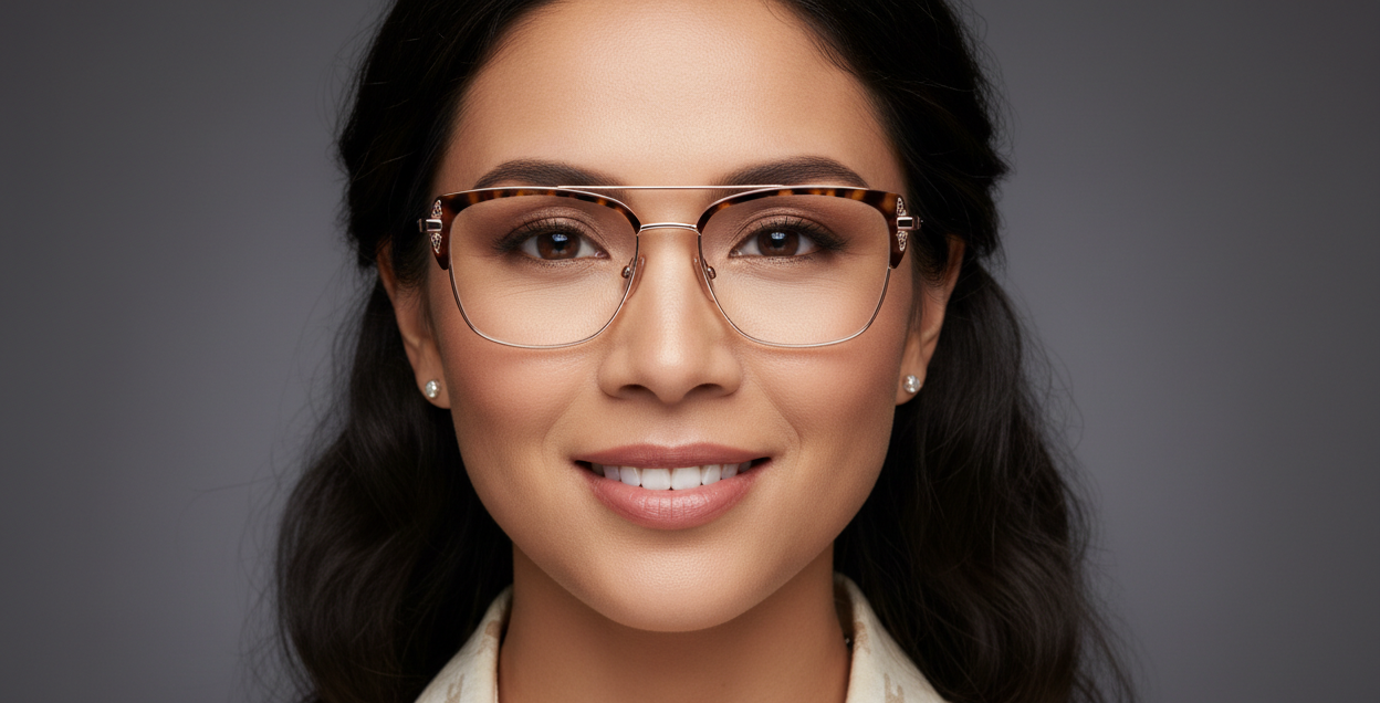 Woman wearing glasses with a neutral background