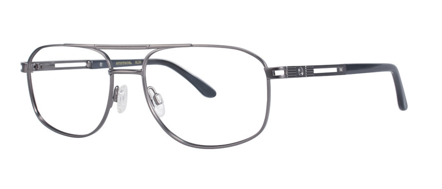 Pair of eyeglasses with a metallic frame on a white background